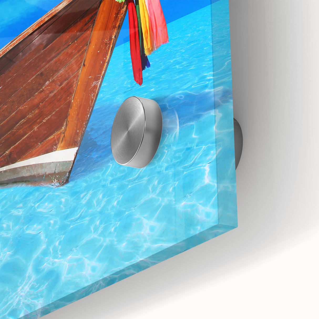 Large abstract wall art of Caribbean scenery in muted blue and green tones on acrylic glass, ideal for dining room ambiance.