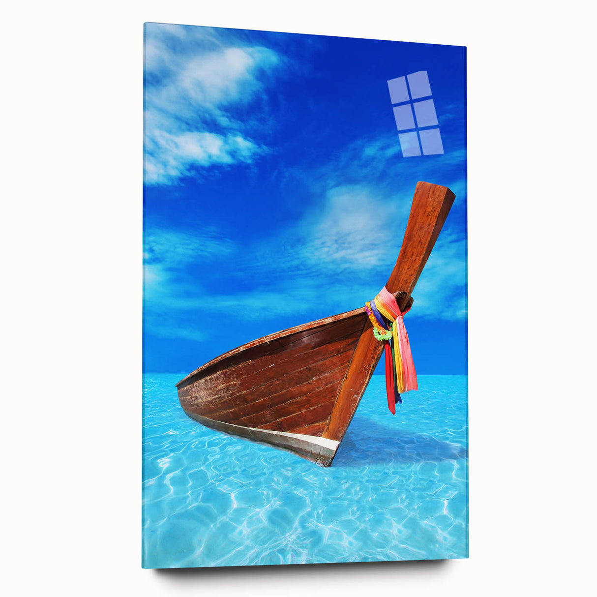 Large abstract wall art of a Caribbean seascape in vibrant blue and turquoise tones on acrylic glass.