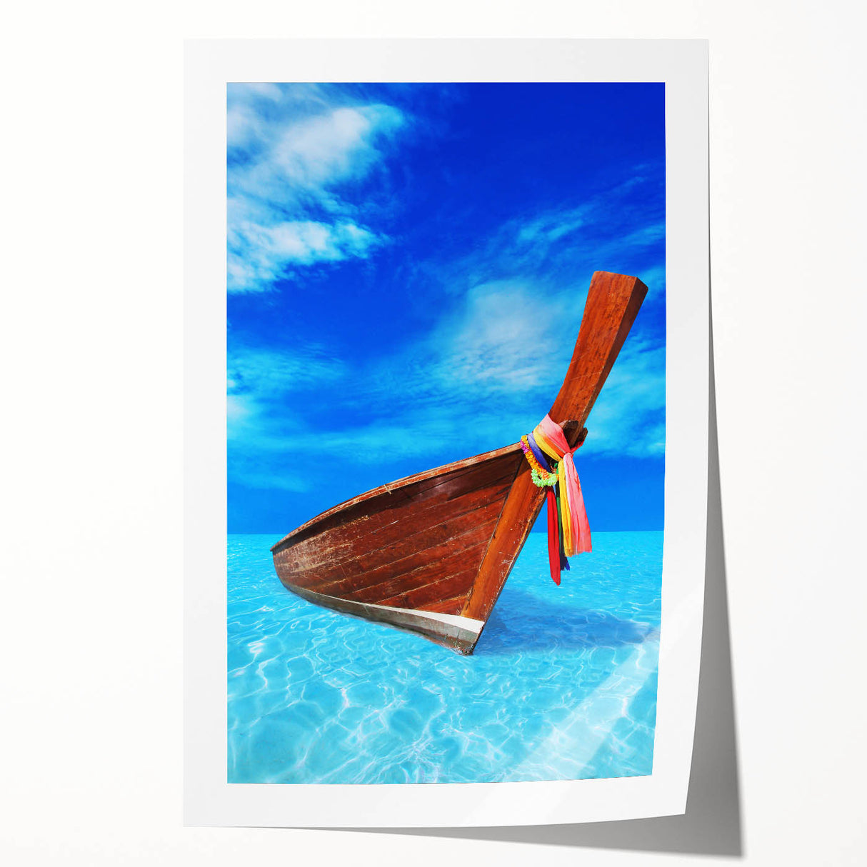 Rolled print of a Caribbean beach scene with vibrant blue and turquoise hues, ideal for art wall dining room.