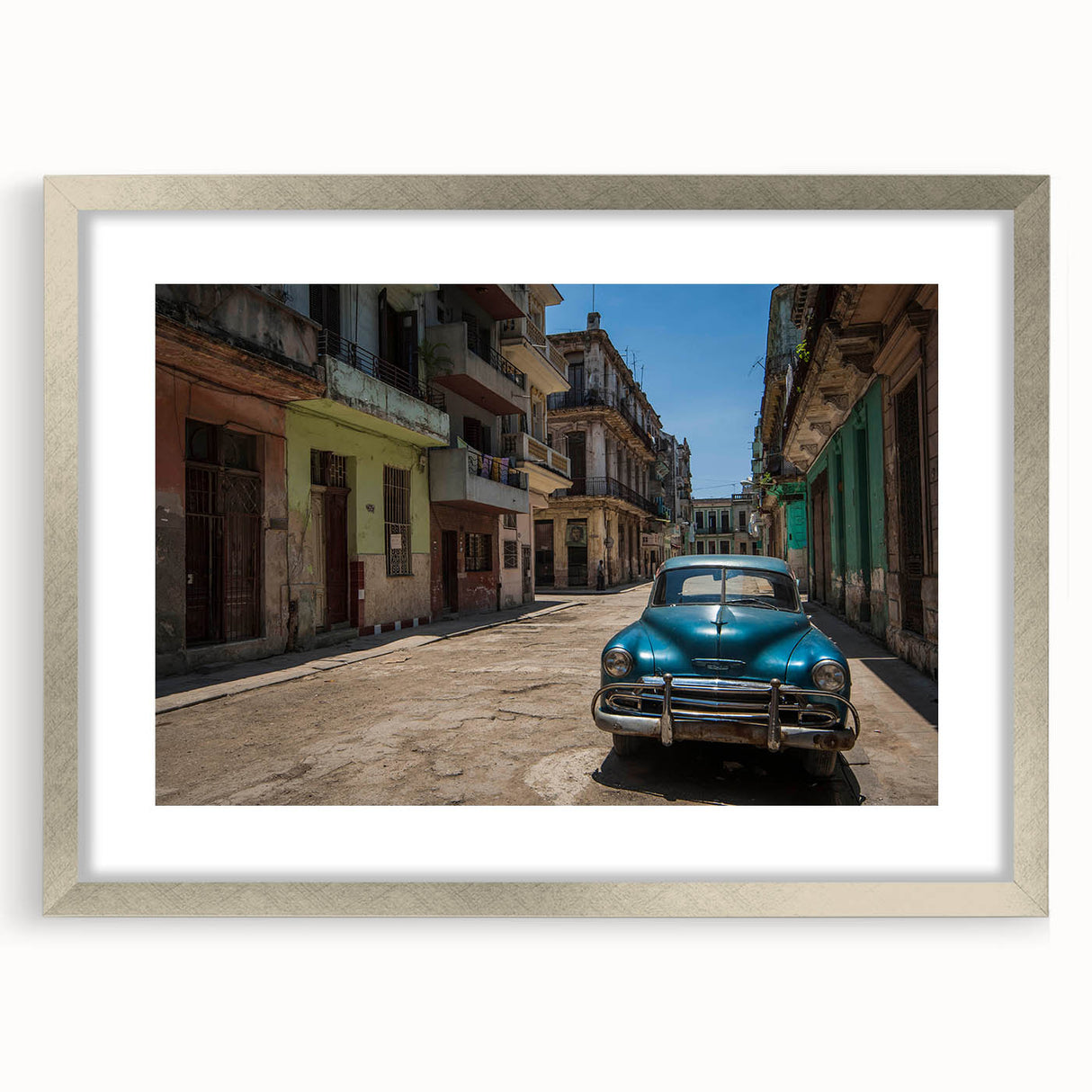 Extra large abstract art print of a Caribbean scene in textured silver frame, ideal for living room decor.