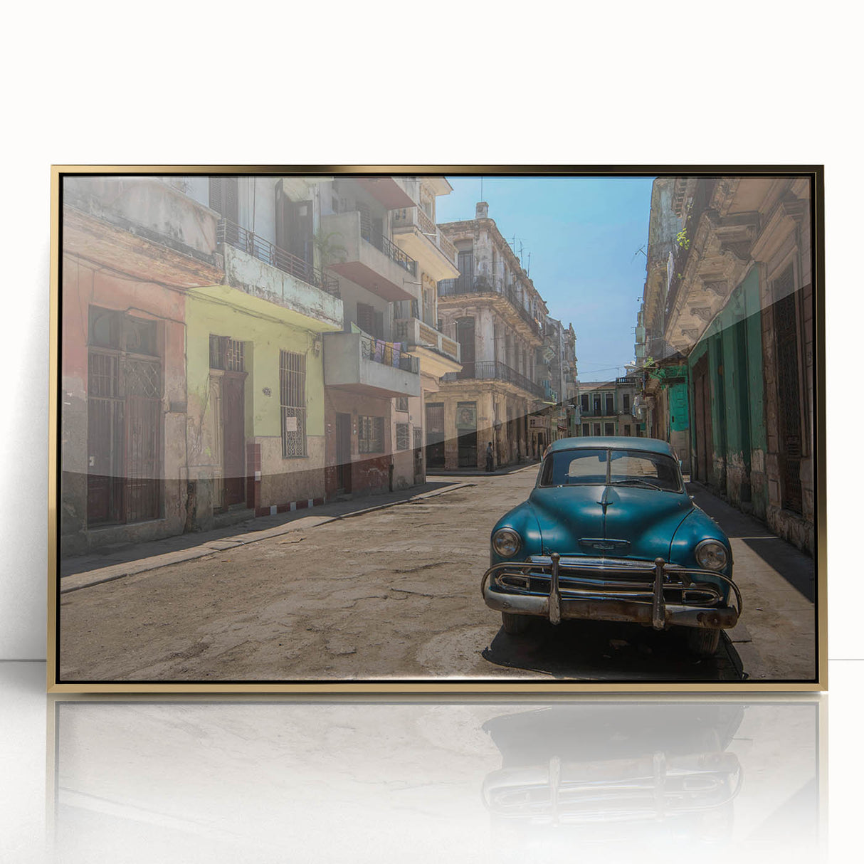 Art Deco-style poster of Caribbean scenery in vibrant blues and greens, acrylic print in a gold frame.