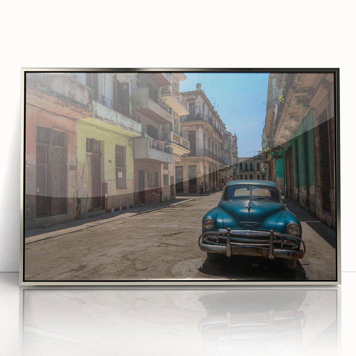 Large art print of a vintage Caribbean scene in muted colors on framed acrylic, suitable for modern art wall decor.