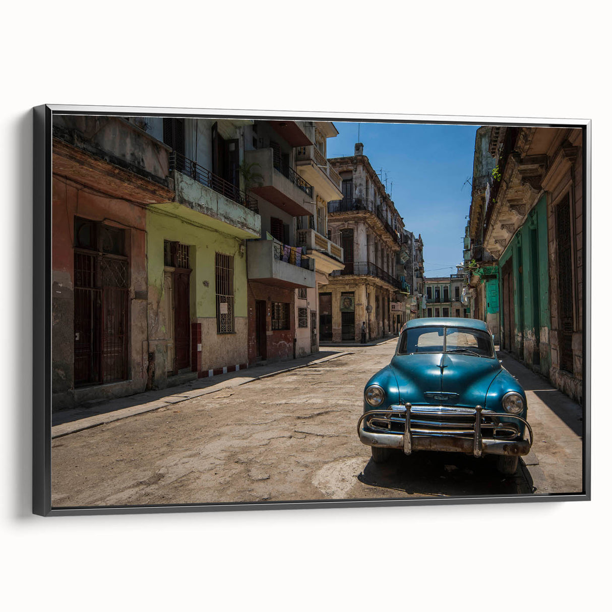 Black and white framed canvas depicting a vintage Cuban landscape, ideal for bedroom wall decor.