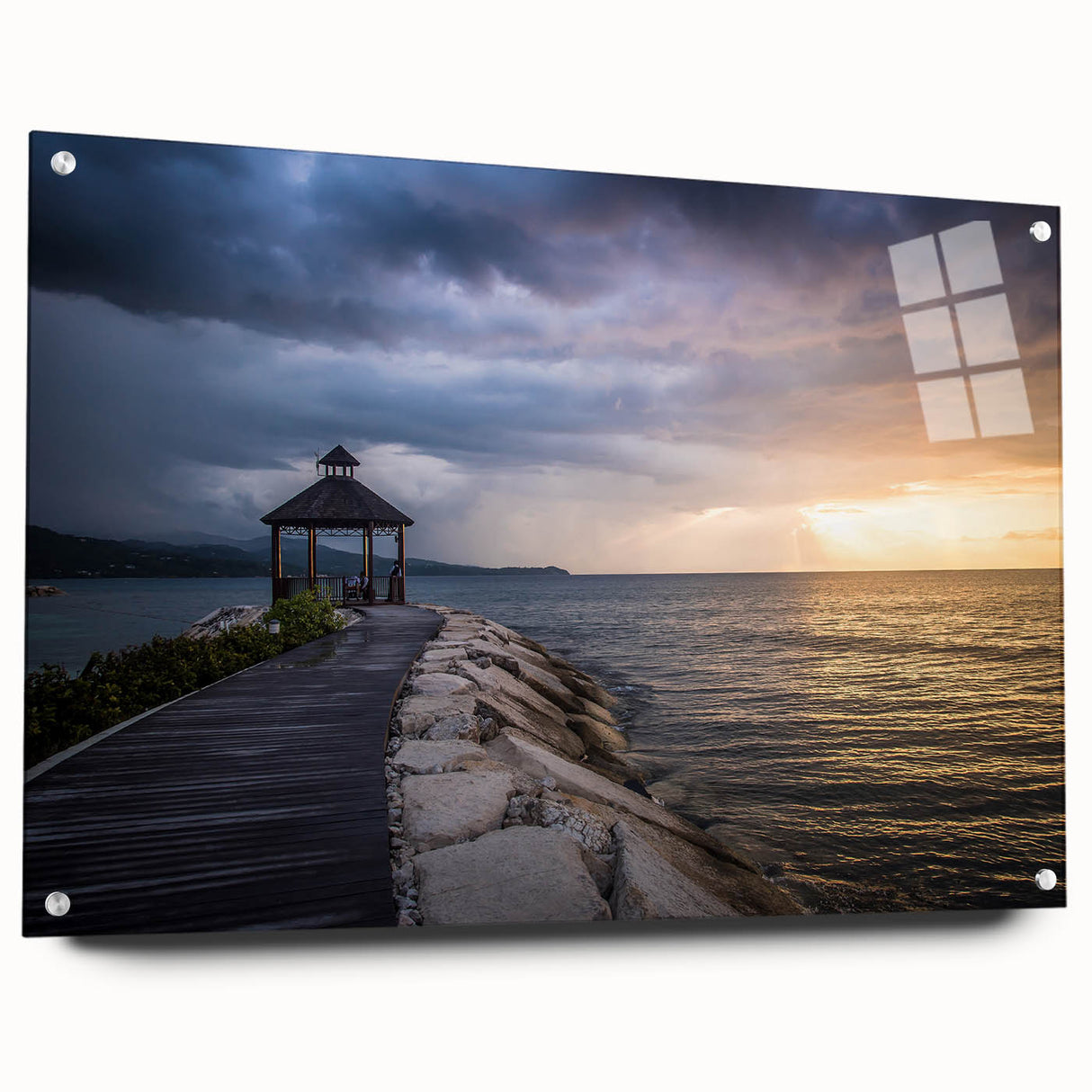 Acrylic print of a Caribbean seascape with vivid blue and turquoise tones, suitable for dining room decor.