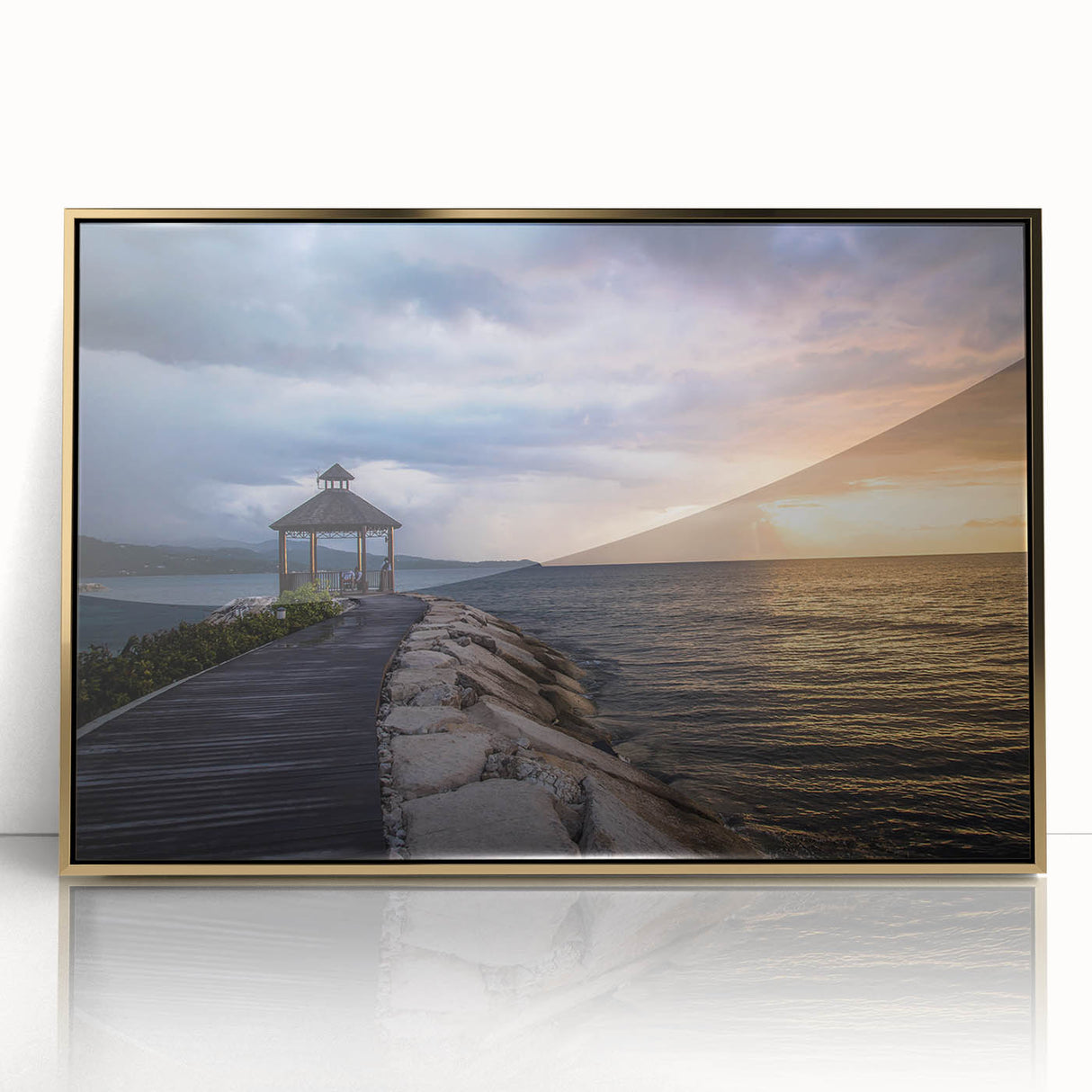 Mid-century modernist art depicting a Caribbean scenery in gold and blue tones on a framed acrylic print.