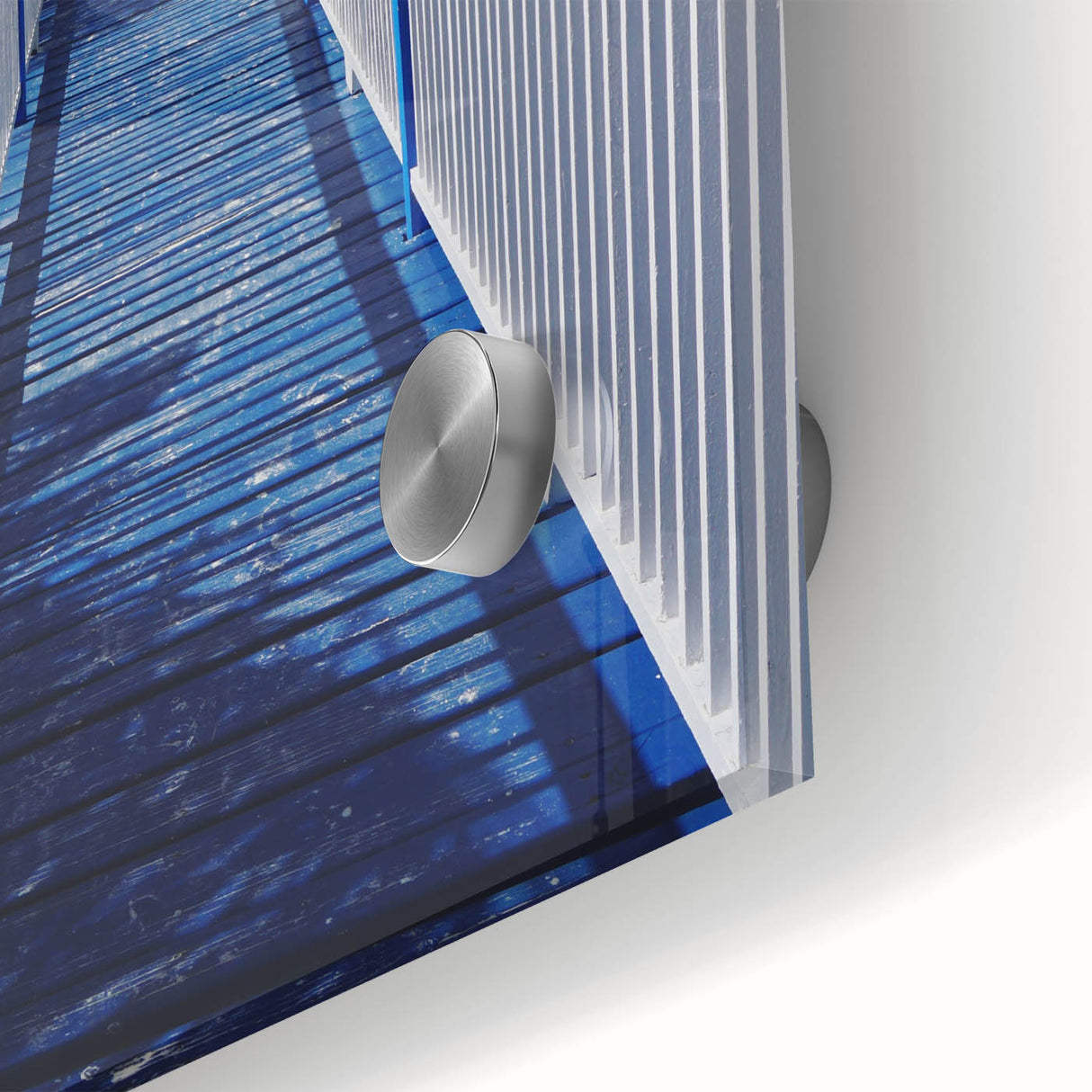 Large abstract wall art depicting the Caribbean scenery in muted blue and green on acrylic glass.