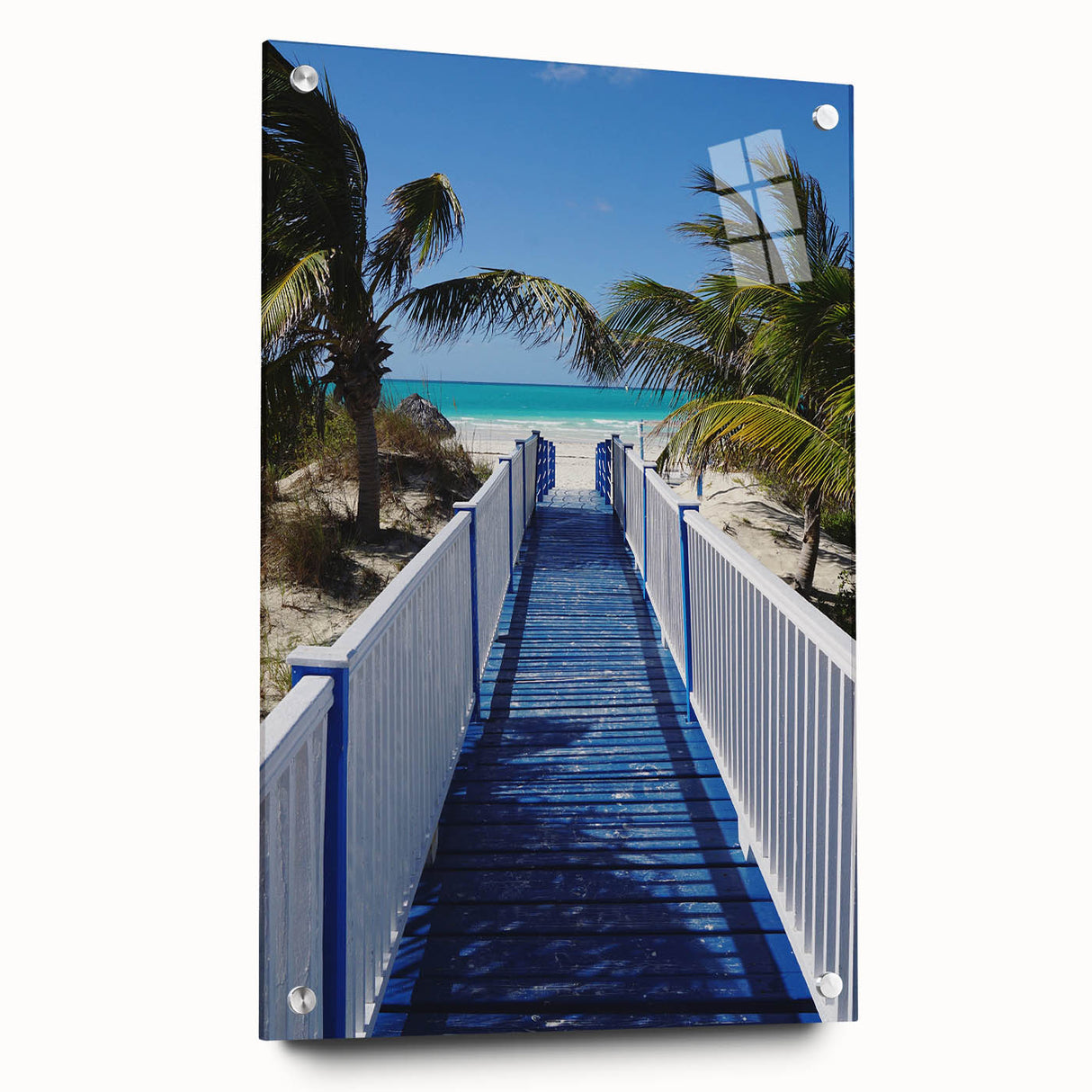 Large abstract wall art of Caribbean scenery on acrylic glass, showcasing vibrant blue and green tones.