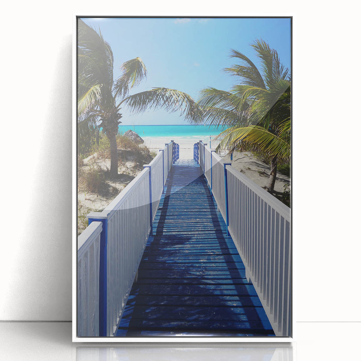 Mid-century modernist art of a Caribbean scenery in Martinique, printed on white-framed acrylic.