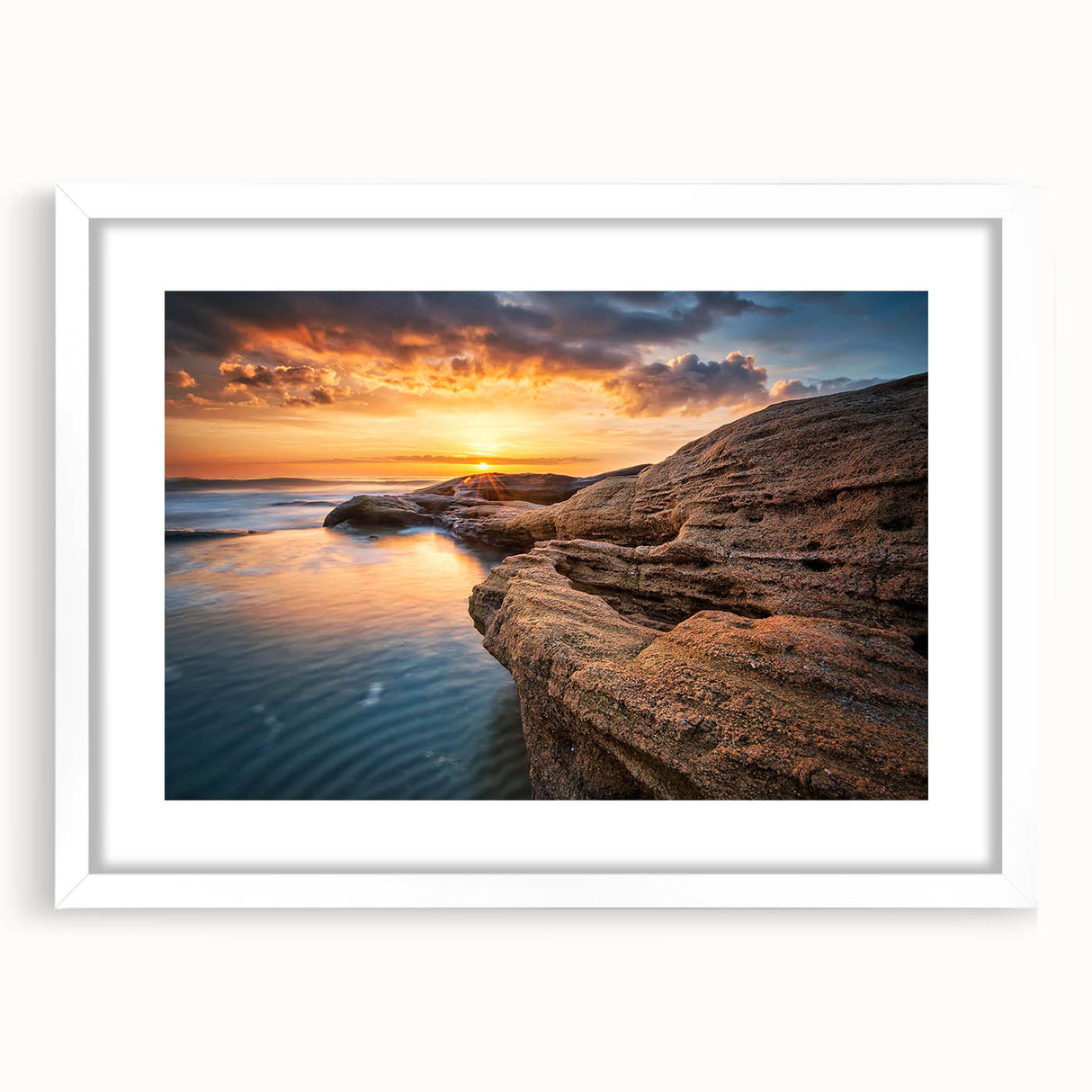 Textured art print of abstract European scenery in muted earth tones, framed with a white mat, ideal for bedroom art.