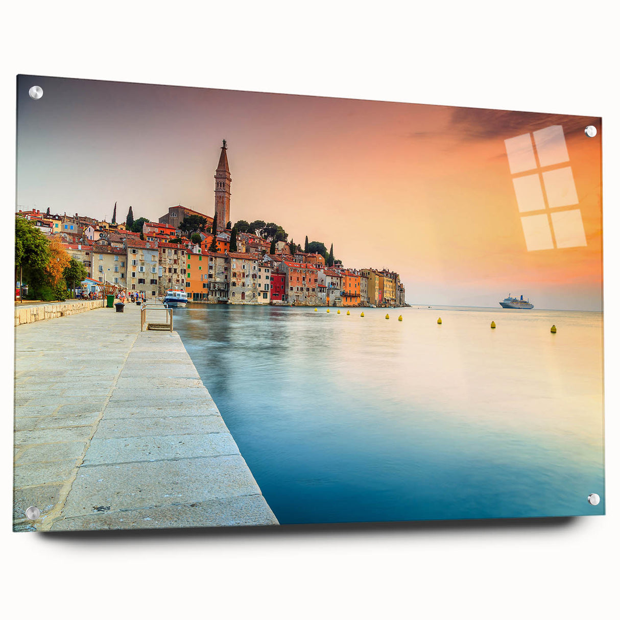 Acrylic print of a Croatian landscape in vibrant sunset colors, ideal for dining room decor.