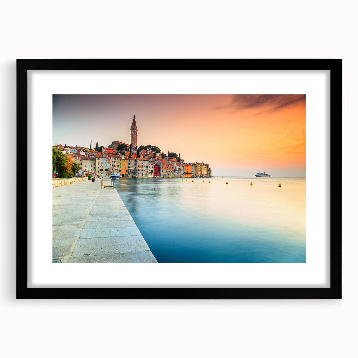 Extra large abstract art print of a colorful Croatian landscape, textured finish on a framed black mat.