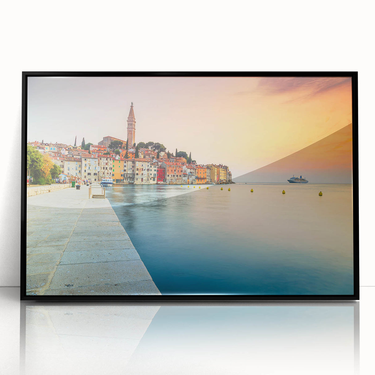 Large abstract wall art of a Croatian landscape in muted earth tones, framed in black acrylic.