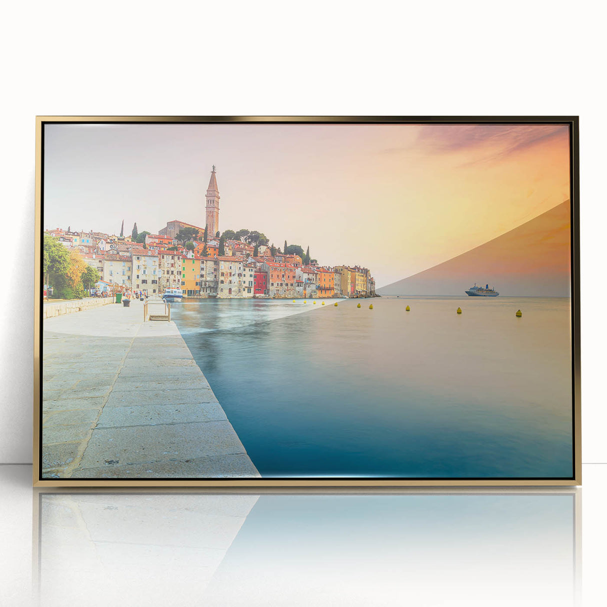 Art deco poster of a Croatian landscape in muted gold tones, acrylic framed, ideal for modern art wall decor in a nursery.