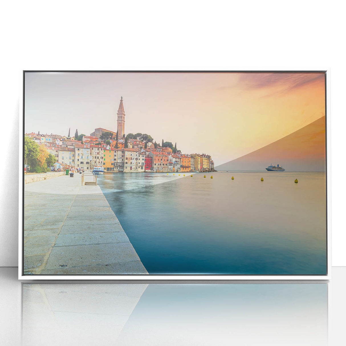 Mid-century modernist art depicting a Croatian landscape on a white-framed acrylic print, with soft pastel colors.