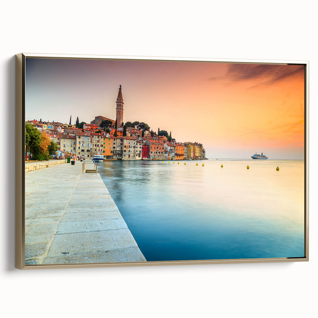 Framed canvas featuring a vintage-style landscape painting of a Croatian scenery, ideal for bedroom wall art.