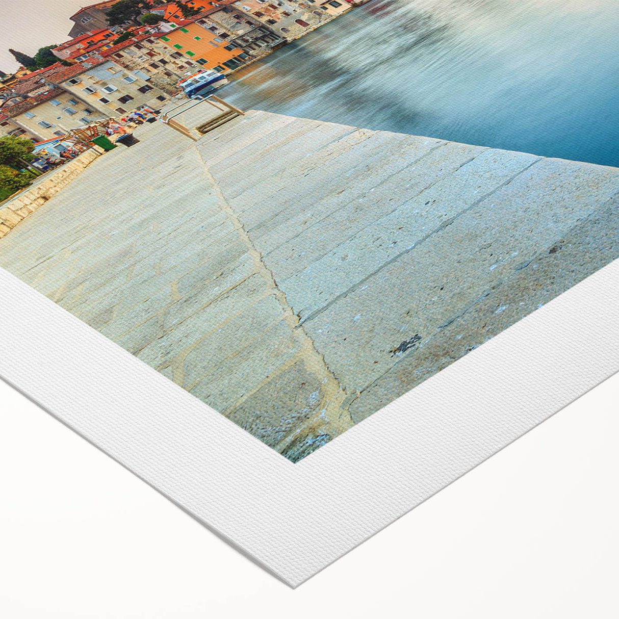 Art deco poster of a European Croatian landscape in muted earth tones on rolled canvas, suitable for dining room decor.