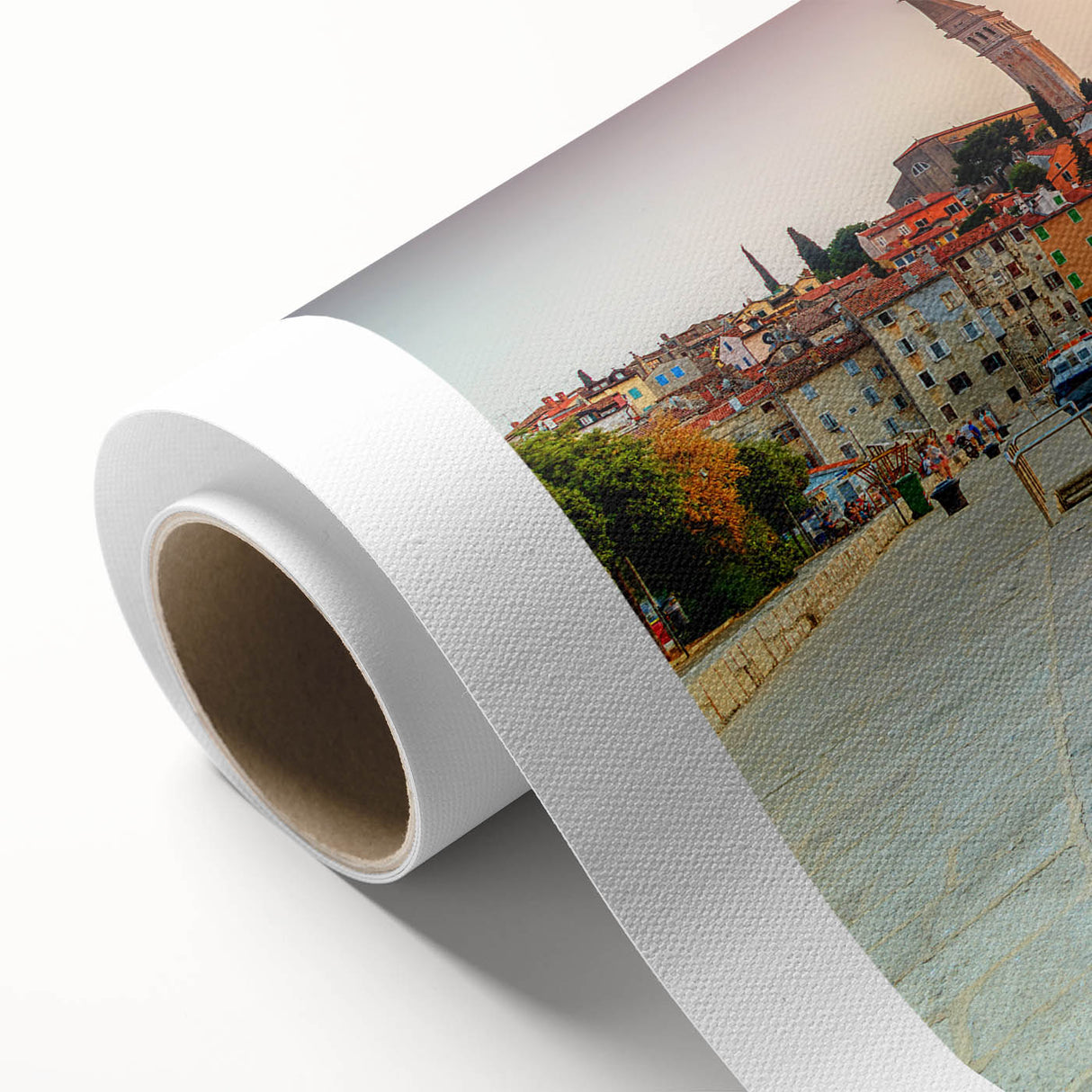 Art Deco poster of a Croatian landscape on rolled canvas, featuring muted earth tones.