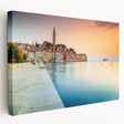 Large stretched canvas of a scenic Croatian coastline in vibrant blue and green hues, ideal for kitchen wall art.