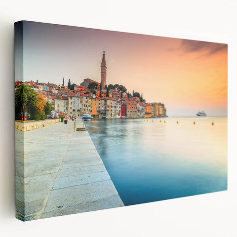 Large stretched canvas of a scenic Croatian coastline in vibrant blue and green hues, ideal for kitchen wall art.