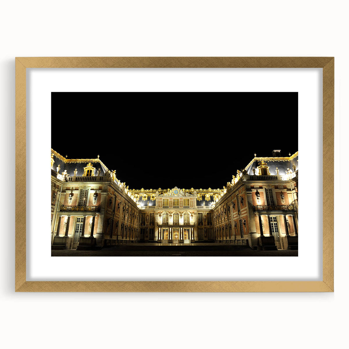 Abstract art print of Versailles scenery in muted gold tones, framed with mat, ideal for dining room decor.