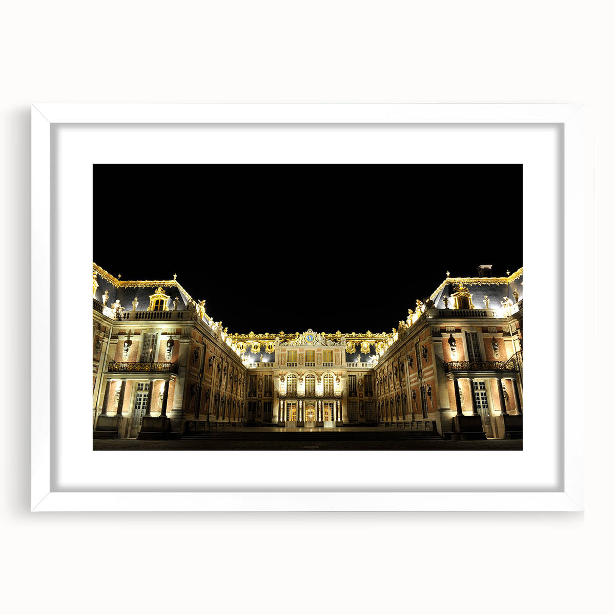 Textured art print of an abstract depiction of the Versailles palace in muted earth tones, framed with a white mat.