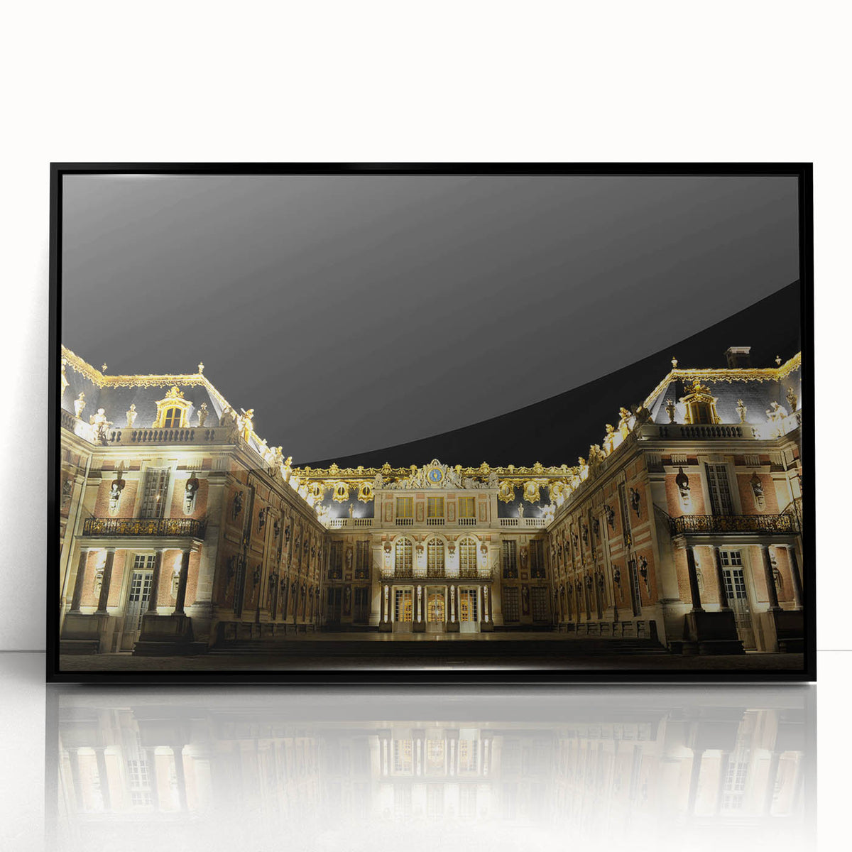 Large abstract wall art depicting the Versailles scenery in muted earth tones, framed in black acrylic.