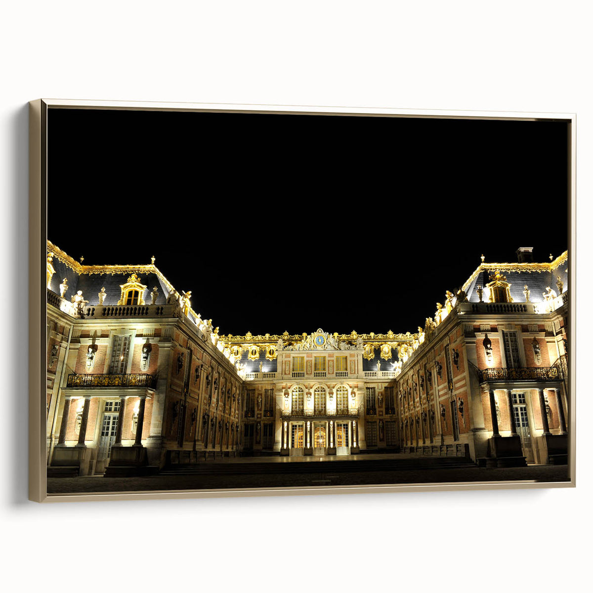 Framed canvas featuring a vintage landscape painting of the Versailles gardens in muted gold and black tones.