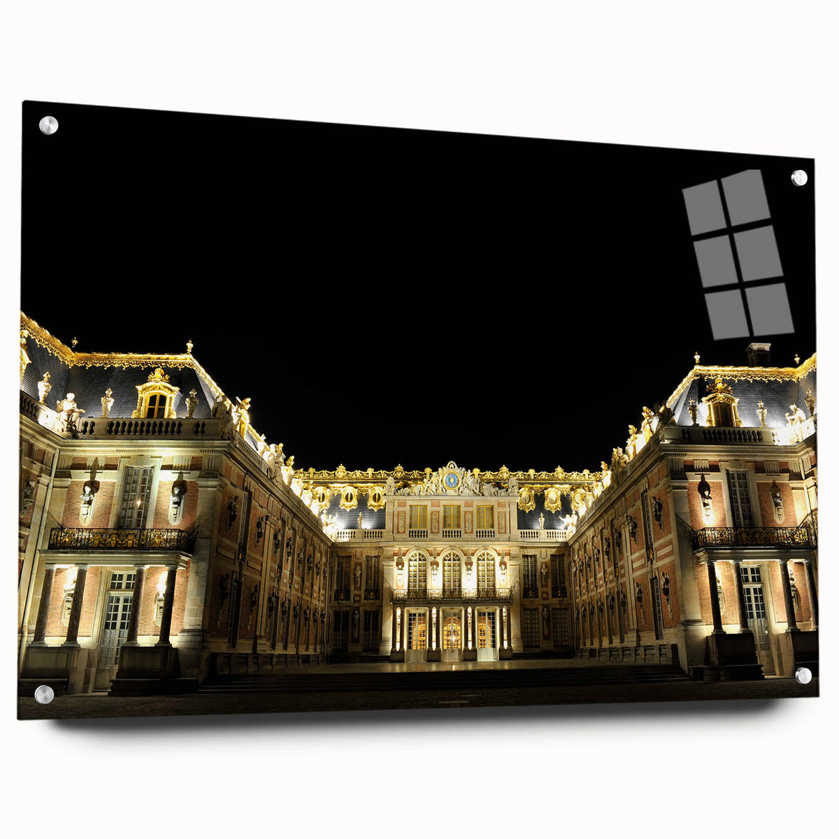 Acrylic glass print of Versailles scenery in muted green and blue tones, suitable for bedroom or dining room decor.