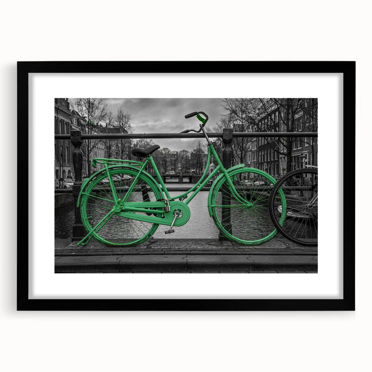 Extra large abstract art print of Amsterdam scenery with vibrant and colorful textures on a black framed canvas.