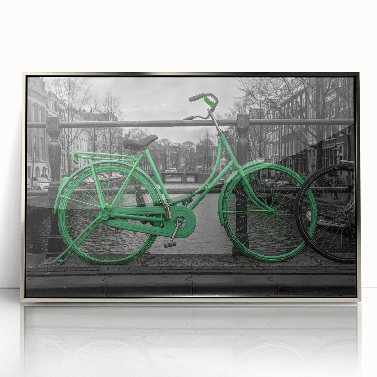 Mid-century modernist Amsterdam canal scene in muted earth tones on a framed acrylic print.
