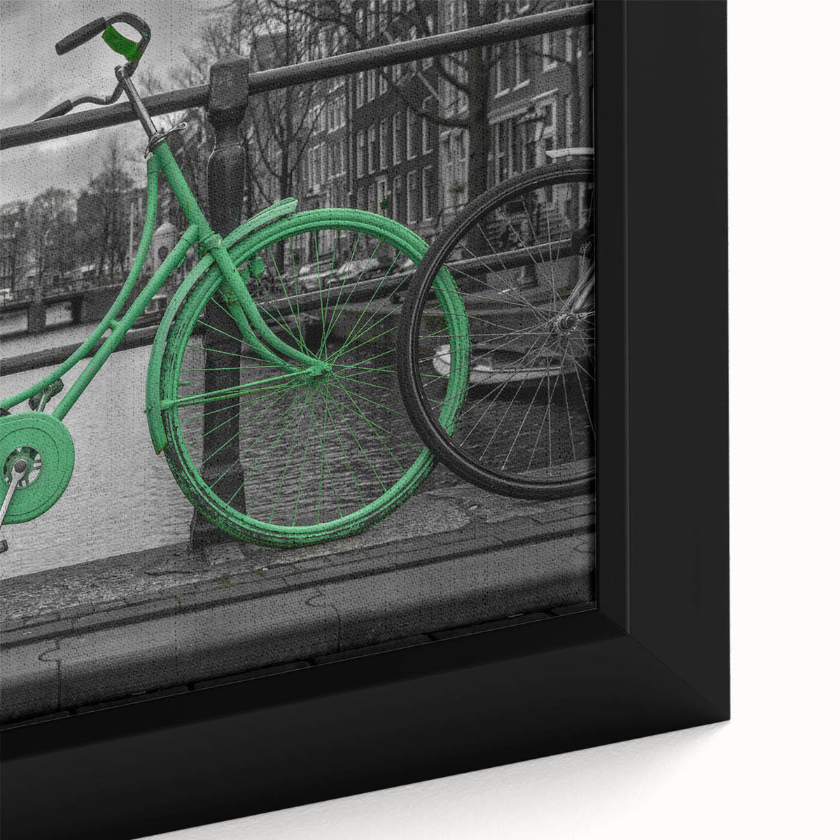 Black wall art depicting a textured, colorful Amsterdam scenery on a framed canvas, suitable for large living room spaces.
