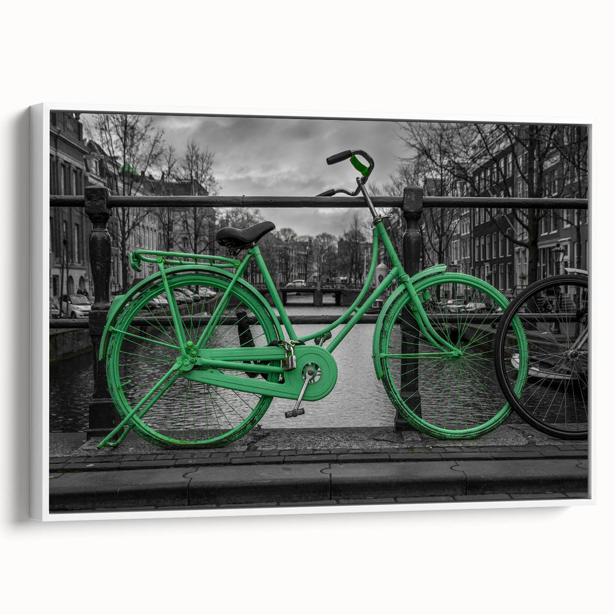 Vintage poster art of Amsterdam with colorful houses and canals, printed on extra large framed canvas.