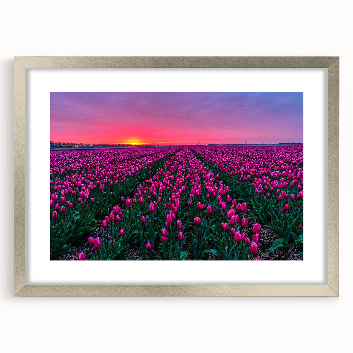 Extra large wall art featuring an abstract textured scenery of the Netherlands in muted earth tones, framed in silver.