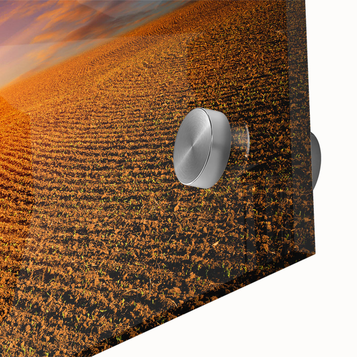 Large abstract wall art depicting a European scenery in muted blue and green tones on acrylic glass.