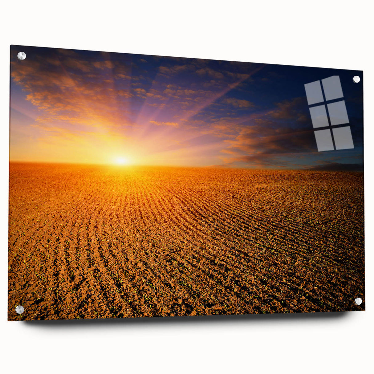 Acrylic print of a large abstract landscape in cool blue and green tones, suitable for bedroom or dining room decor.