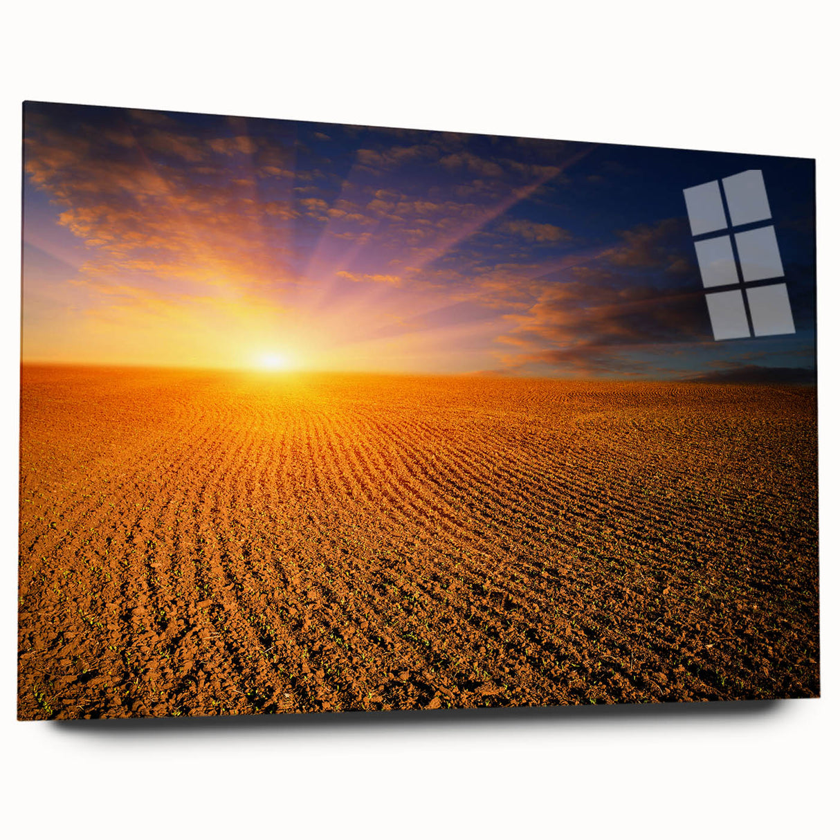 Large abstract wall art of a European scenery in vibrant blues and greens on acrylic glass.