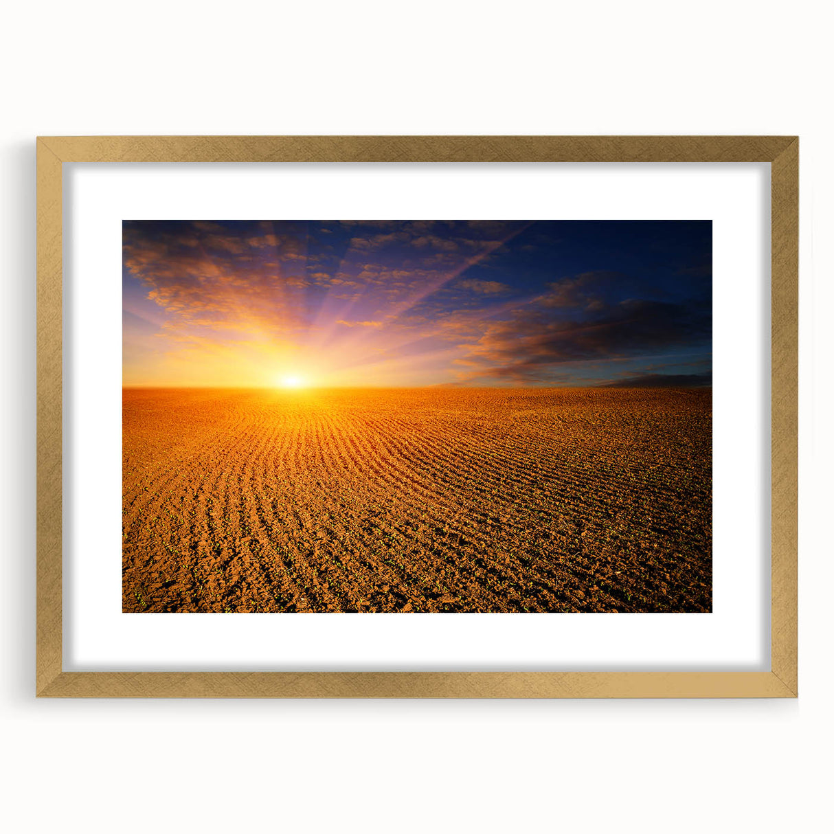 Extra large abstract art print depicting a textured European scenery in muted earth tones, framed in gold.