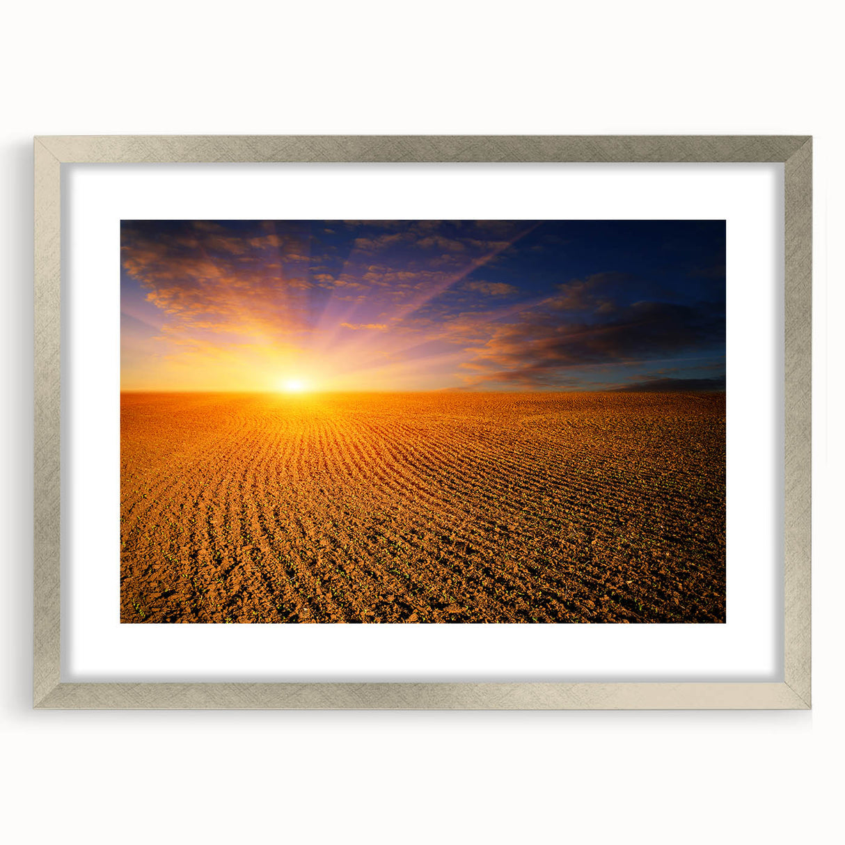 Textured abstract art print of a serene European landscape in muted earth tones, framed in silver, ideal for bedroom art.