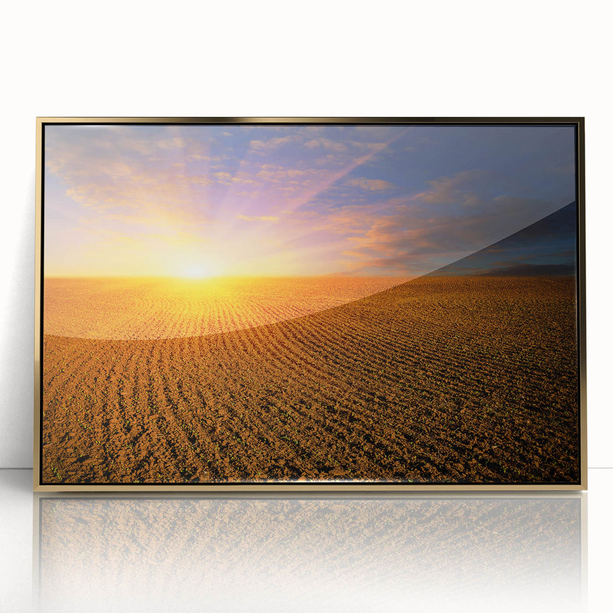 Large art print of a European scenery in Ukraine, rendered in mid-century modernist style with gold hues on a framed acrylic.