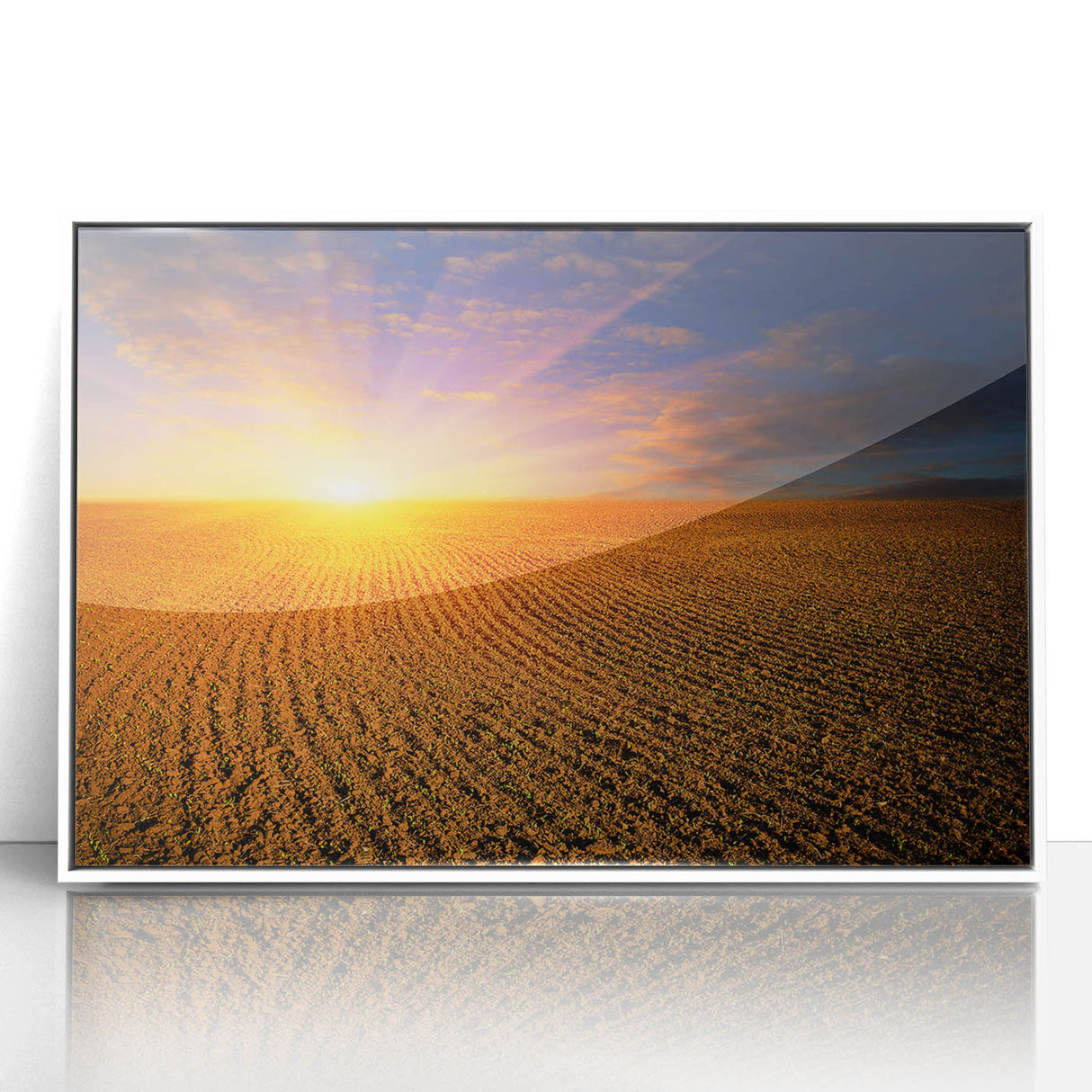 Acrylic print of a serene European landscape, with muted blue and green tones, framed in white.