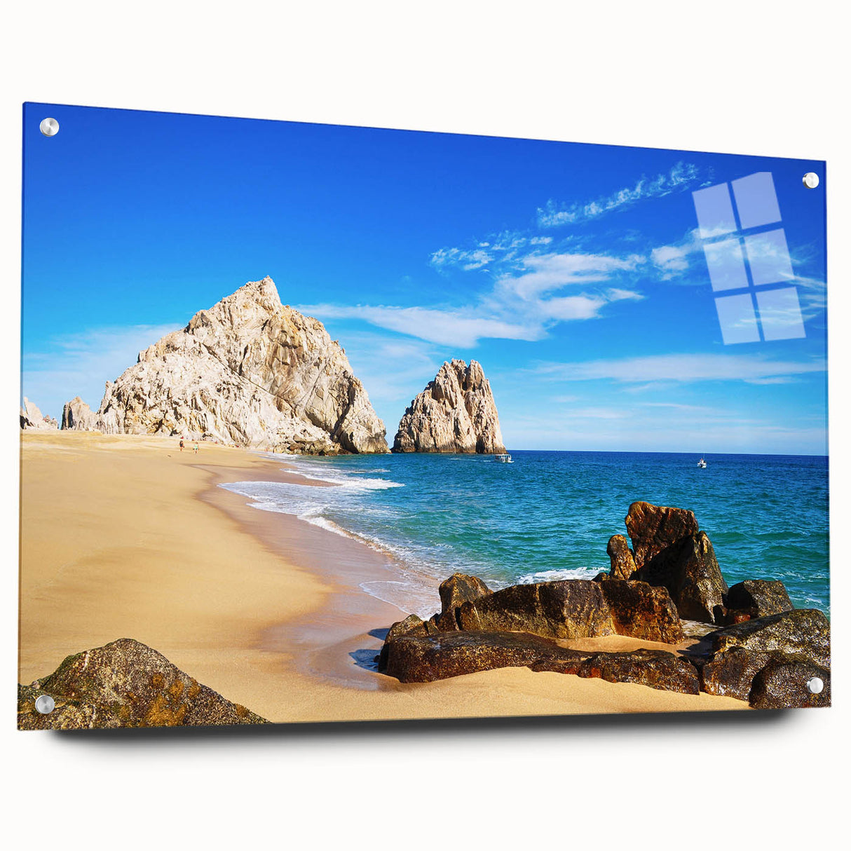 Acrylic glass print of Baja California scenery in cool blue and green shades, suitable for bedroom or dining room decor.