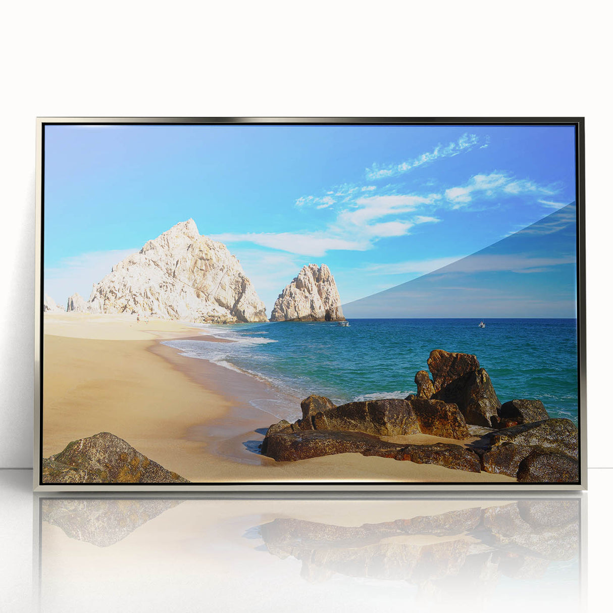 Mid-century modernist art depicting Baja California scenery in muted earth tones on a silver-framed acrylic print.