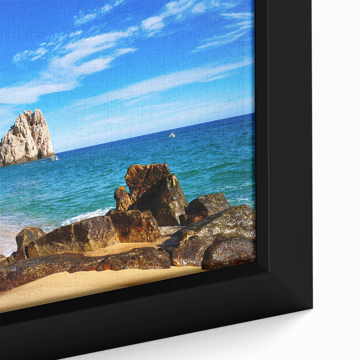 Framed canvas featuring a textured depiction of Baja California scenery in black with colorful accents.