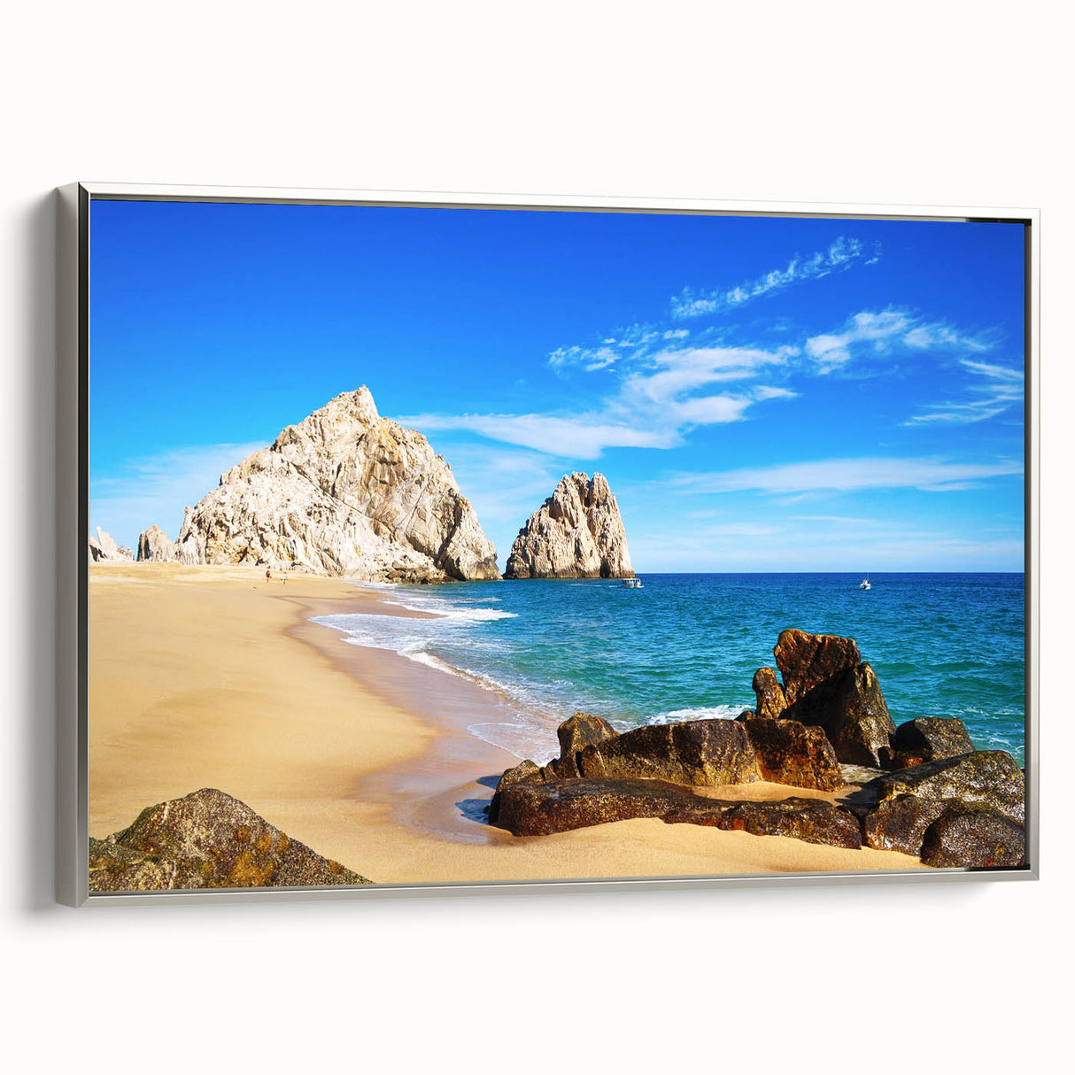 Framed canvas of Baja California landscape in vibrant colors with a vintage poster style.