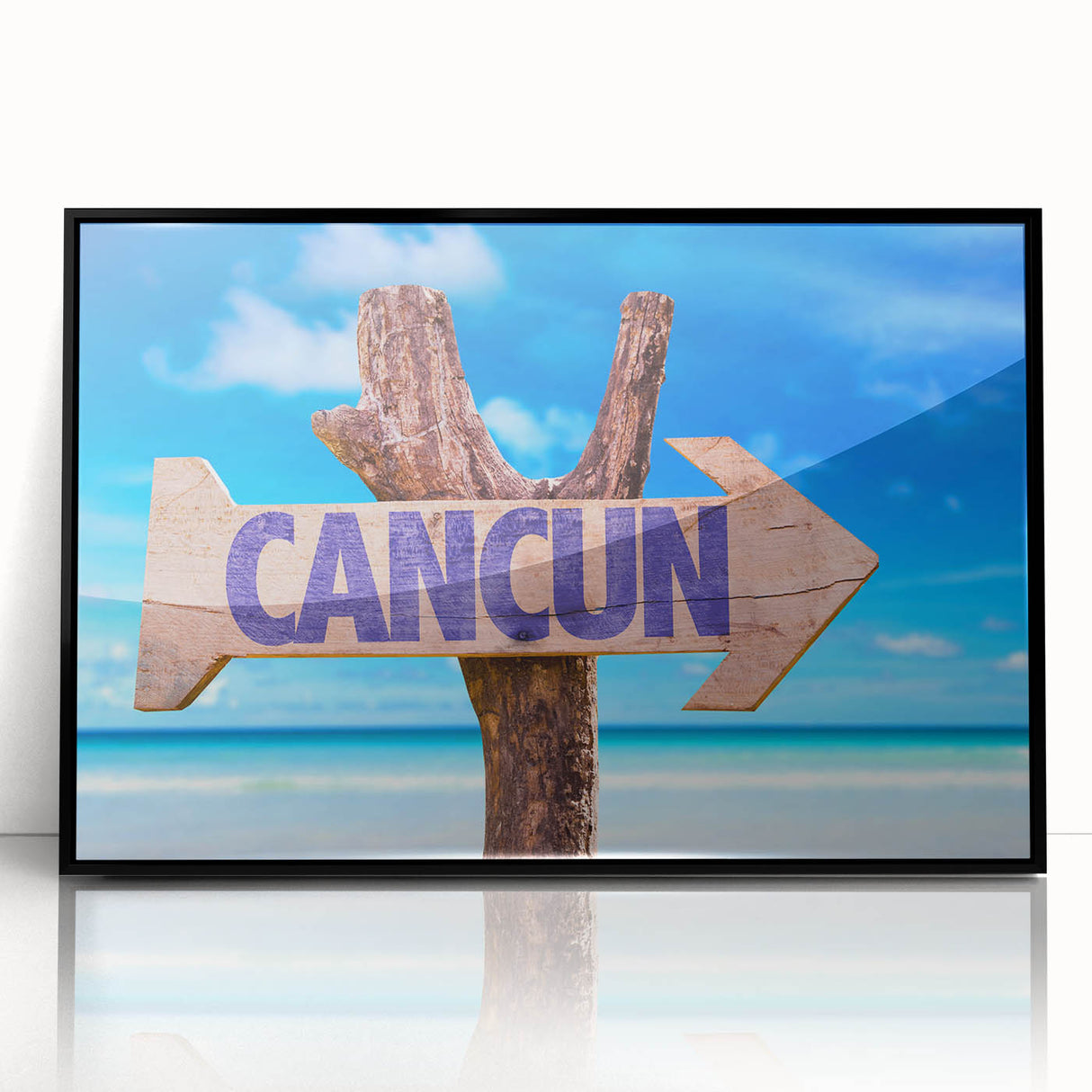 Large abstract wall art of Cancun scenery in black frame on acrylic, featuring mid-century modernist style.
