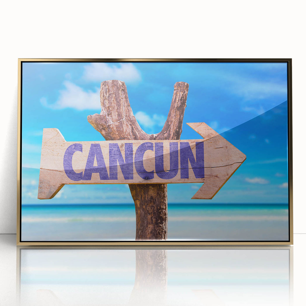 Framed acrylic print of a Cancun scenery in mid-century modernist style, with vibrant ocean and sky colors.