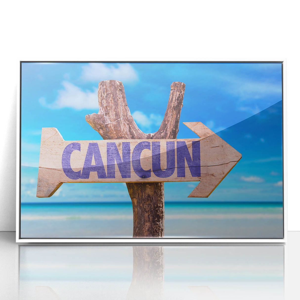 Art deco poster of Cancun scenery in pastel shades, framed acrylic, ideal for modern nursery wall art.