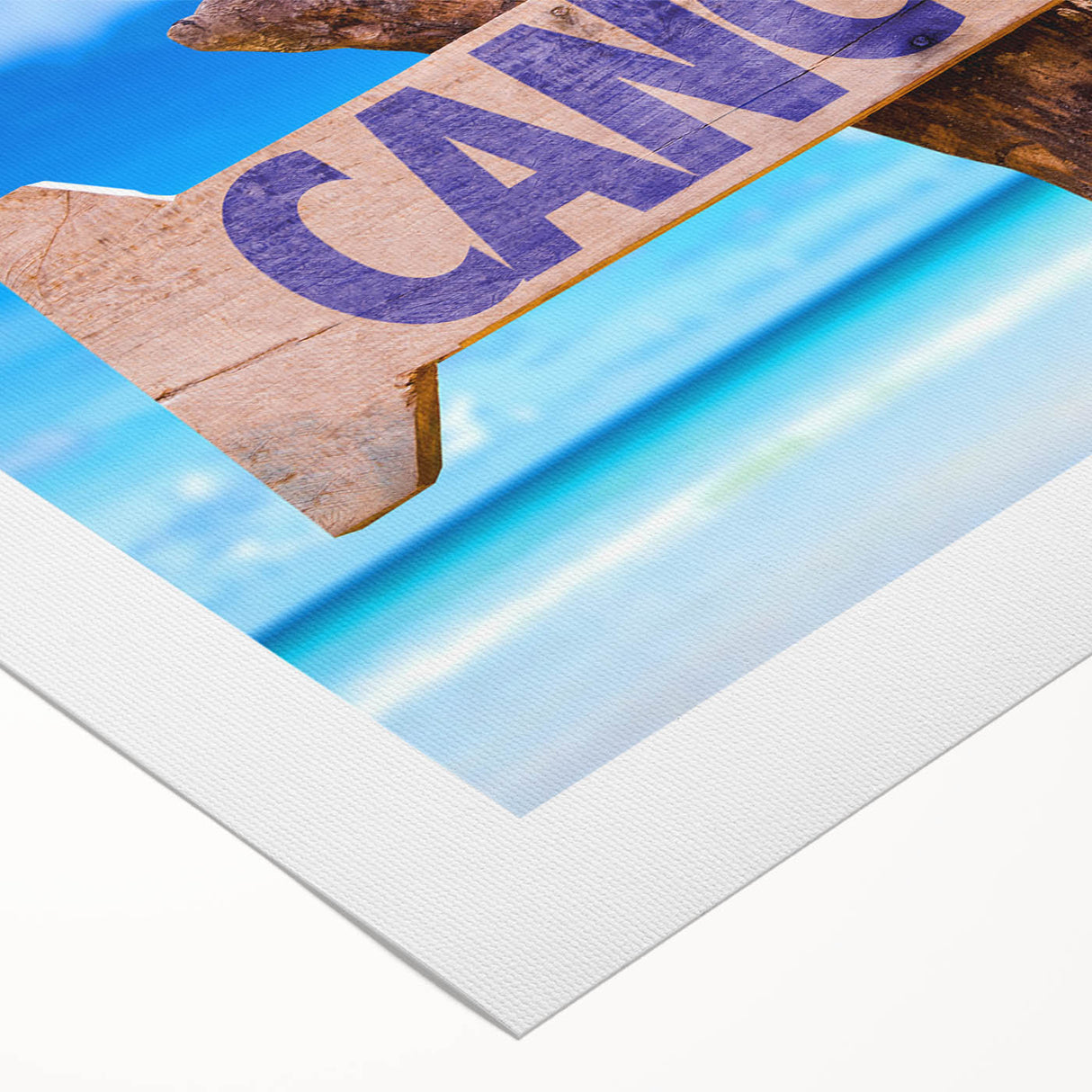 Art deco poster of Cancun scenery on rolled canvas, displaying vibrant ocean and sky colors, ideal for dining room wall art.