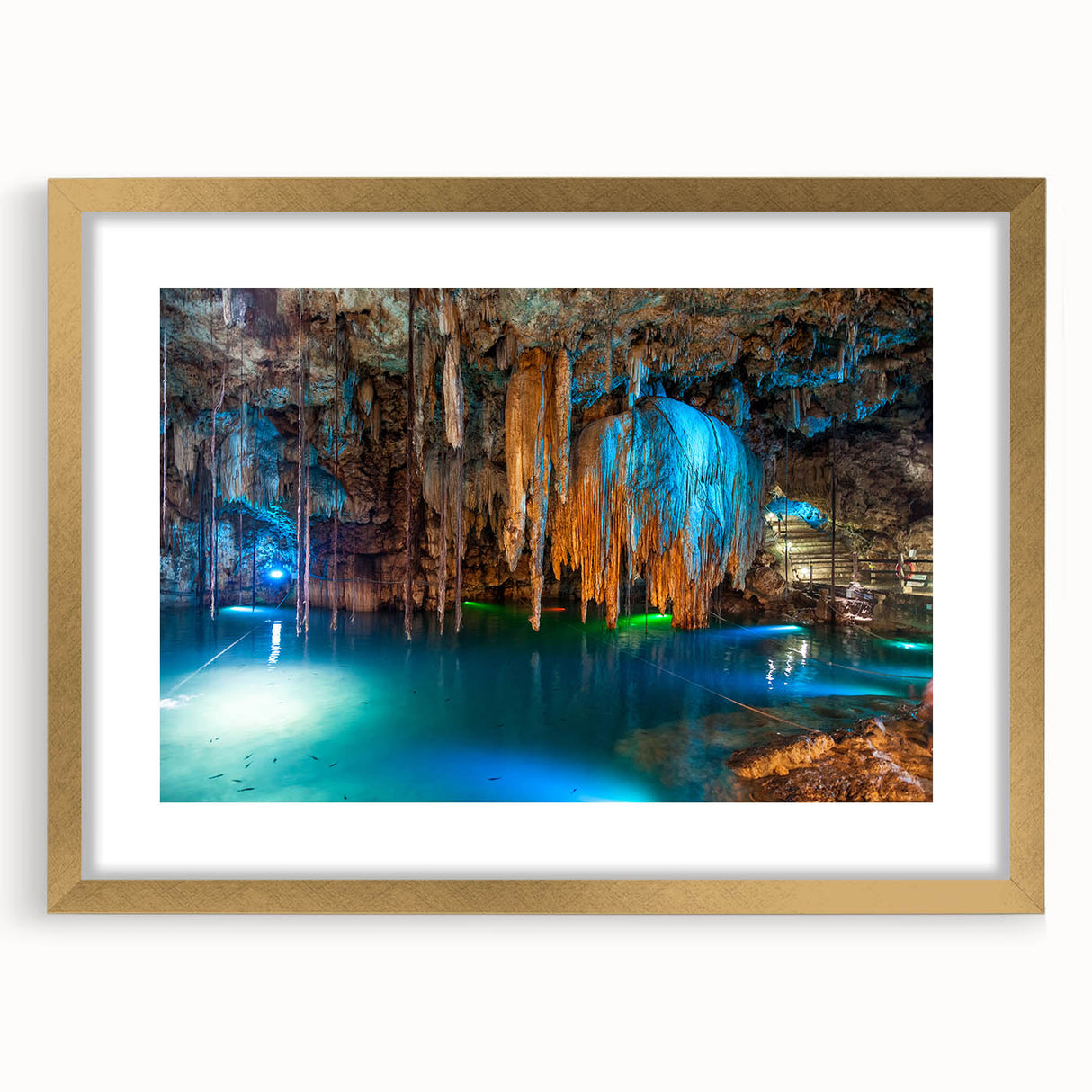 Extra large abstract art print of Yucatan scenery in textured style, with muted earth tones, framed in gold.