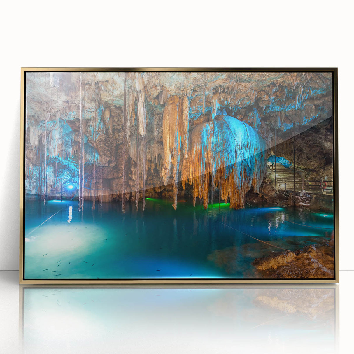 Acrylic print of Yucatan scenery in gold frame, featuring mid-century modernist style, suitable for modern art wall decor.